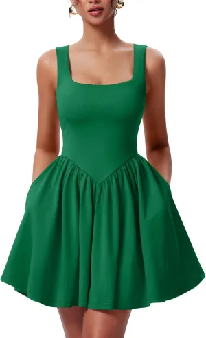 YMDUCH Women's Summer Sleeveless Square Neck A-line Ruffle Hem Mini Tank Dress with Pockets