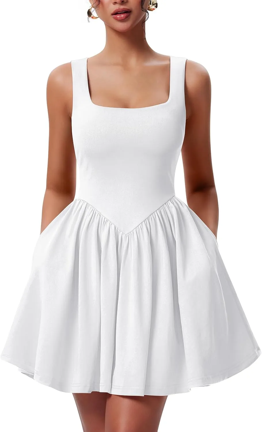 YMDUCH Women's Summer Sleeveless Square Neck A-line Ruffle Hem Mini Tank Dress with Pockets