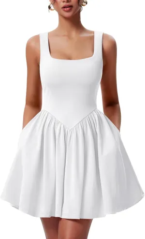 YMDUCH Women's Summer Sleeveless Square Neck A-line Ruffle Hem Mini Tank Dress with Pockets