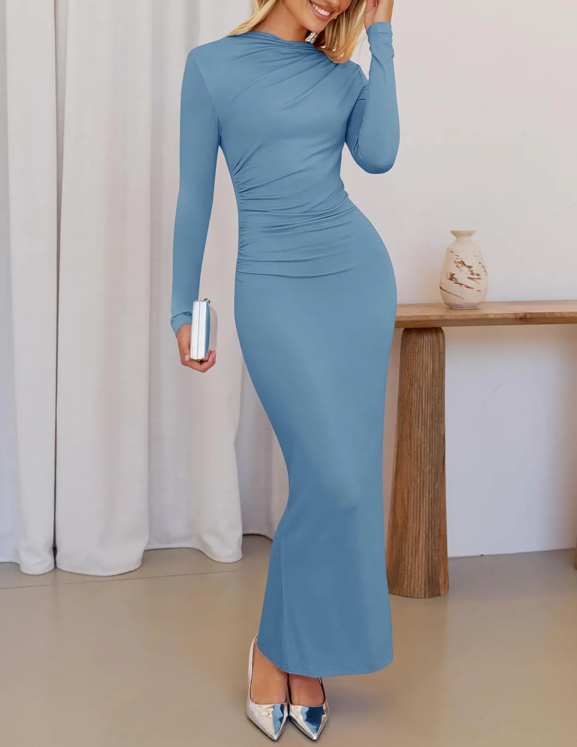 ZESICA Women's Spring Long Sleeve Bodycon Maxi Dresses Sexy Ruched Crew Neck Slim Fit Cocktail Party Dress