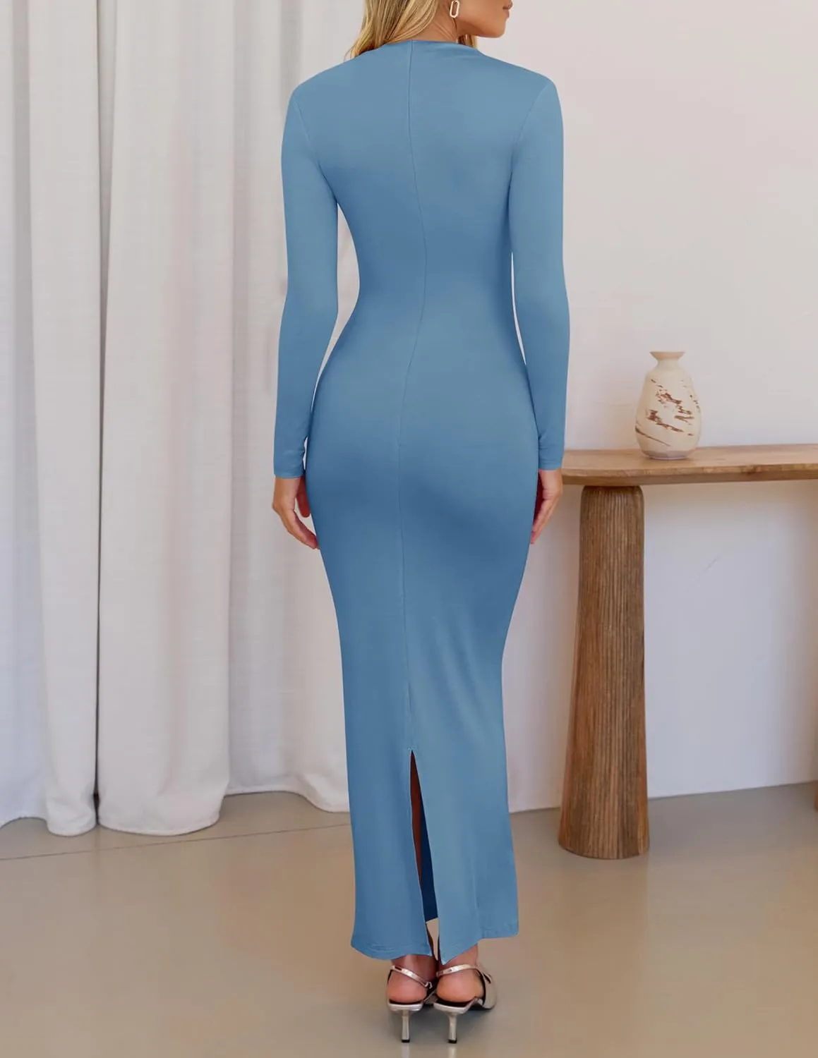 ZESICA Women's Spring Long Sleeve Bodycon Maxi Dresses Sexy Ruched Crew Neck Slim Fit Cocktail Party Dress